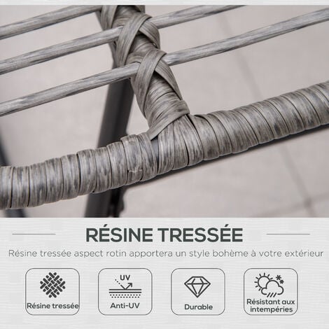 Fauteuil de jardin avec repose-pieds - 2 coussins polyester inclus - métal époxy résine tressée aspect rotin gris