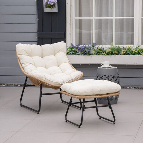 Fauteuil de jardin avec repose-pieds - 2 coussins polyester inclus - métal époxy résine tressée aspect rotin beige