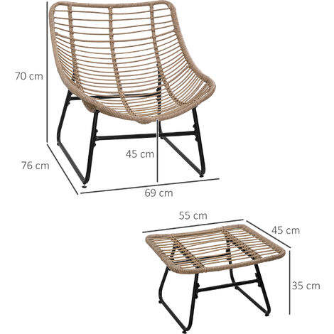 Fauteuil de jardin avec repose-pieds - 2 coussins polyester inclus - métal époxy résine tressée aspect rotin beige
