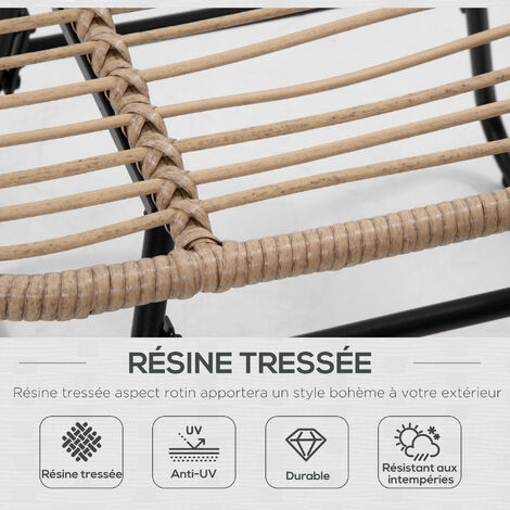 Fauteuil de jardin avec repose-pieds - 2 coussins polyester inclus - métal époxy résine tressée aspect rotin beige