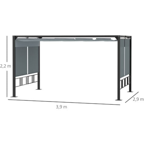 Pergola rétractable 3,9L x 2,9l x 2,2H m structure alu. acier époxy noir double toile polyester haute densité gris