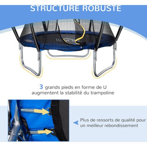 Trampoline enfant Ø 2,25 × 2,35H m filet de sécurité porte zipée couvre-ressorts 6 poteaux rembourrés incurvés bleu