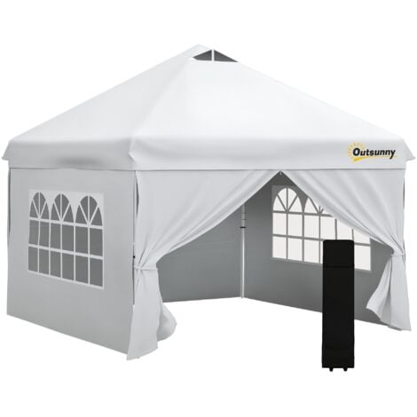 Tonnelle barnum pliant pop-up 3L x 3l x 2,84H m 4 parois latérales amovibles 2 fenêtres + sac de transport métal Oxford blanc