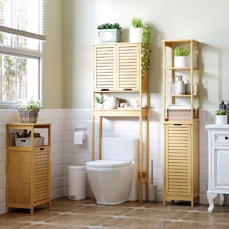 Meuble colonne rangement salle de bain style cosy dim. 34L x 30l x 173H cm porte à lattes 3 étagères bambou MDF aspect bois clair