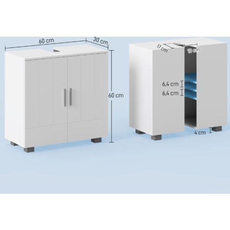 Meuble vasque - meuble sous-vasque - 2 portes rainurées, 2 étagères - poignées alliage aluminium - dim. 60L x 30l x 60H cm - MDF blanc
