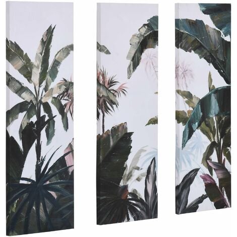 Triptyque imprimé et peint paysage tropical - dim. 90L x 30l cm (x3) - décoration murale - toile 100% polyester structure bois de pin encre vert blanc
