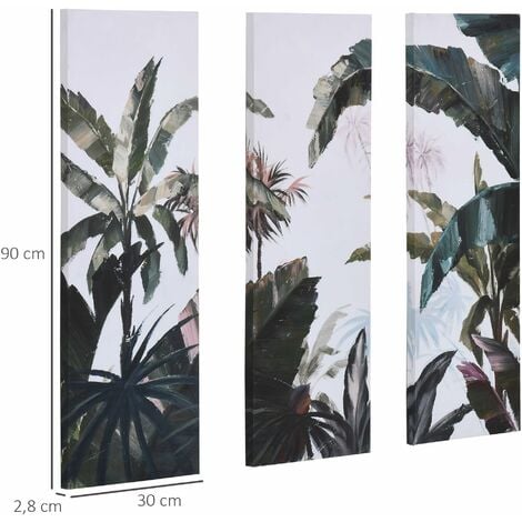 Triptyque imprimé et peint paysage tropical - dim. 90L x 30l cm (x3) - décoration murale - toile 100% polyester structure bois de pin encre vert blanc