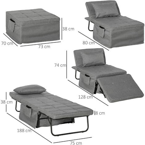 Fauteuil relax canapé pouf lit d'appoint 4 en 1 dossier inclinable 5 niveaux repose-pied rabattable châssis acier noir polyester gris