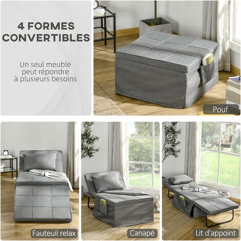 Fauteuil relax canapé pouf lit d'appoint 4 en 1 dossier inclinable 5 niveaux repose-pied rabattable châssis acier noir polyester gris