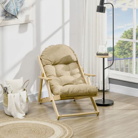 Fauteuil chaise pliable et inclinable en bois grand confort avec coussin capitonné épais - dim. 71I x 89P x 96H cm - beige