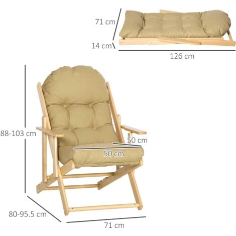 Fauteuil chaise pliable et inclinable en bois grand confort avec coussin capitonné épais - dim. 71I x 89P x 96H cm - beige