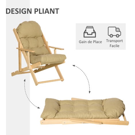 Fauteuil chaise pliable et inclinable en bois grand confort avec coussin capitonné épais - dim. 71I x 89P x 96H cm - beige