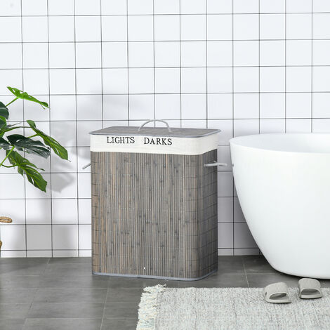Panier à Linge 2 Bacs Amovibles RITA - 140 L, Bambou Et Tissu Gris Anthracite