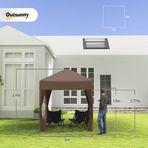 Tonnelle de jardin tente pliante barnum pop-up 2 x 2 m 4 parois latérales amovibles 2 fenêtres sac de transport chocolat