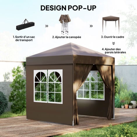 Tonnelle de jardin tente pliante barnum pop-up 2 x 2 m 4 parois latérales amovibles 2 fenêtres sac de transport chocolat