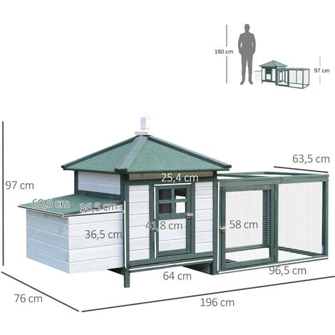 Poulailler cottage multi-équipement perchoir rampe pondoir enclos tiroir à déjection 196L x 76l x 97H cm bois massif pin vert blanc