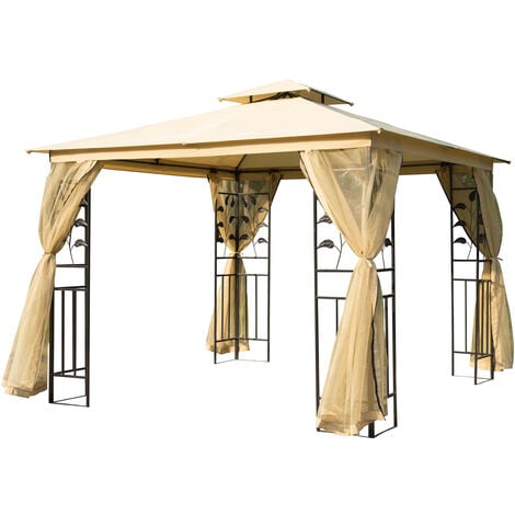 Tonnelle barnum style colonial double toit toiles moustiquaires amovibles 3L x 3l x 2,65H m beige noir