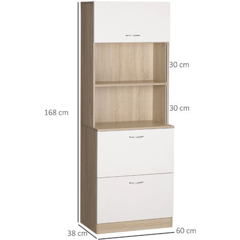 Buffet haut - armoire de cuisine - 2 tiroirs coulissants, placard haut porte relevable, niche, plateau - aspect bois clair blanc