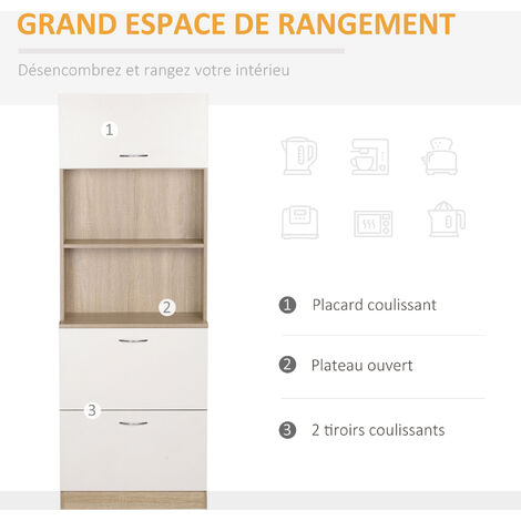 Buffet haut - armoire de cuisine - 2 tiroirs coulissants, placard haut porte relevable, niche, plateau - aspect bois clair blanc