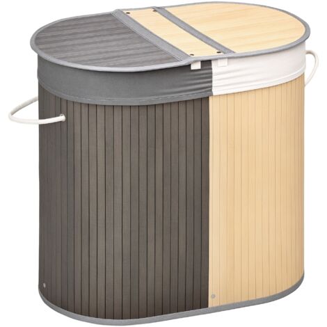 Homcom – Panier à linge en bambou 100 L – 2 compartiments avec couvercle – Sac amovible et lavable – Poignées en coton pour transport facile