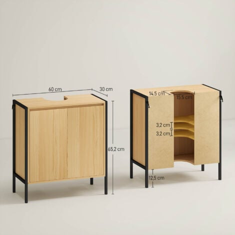 Meuble salle de bain - meuble sous-vasque - 2 portes, étagère réglable - dim. 60L x 30l x 65H cm - châssis acier noir panneaux aspect bois clair