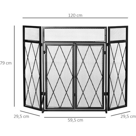 Pare-feu large pour cheminée ou poêle - pare-étincelles - 3 volets pliables et portes - métal noir