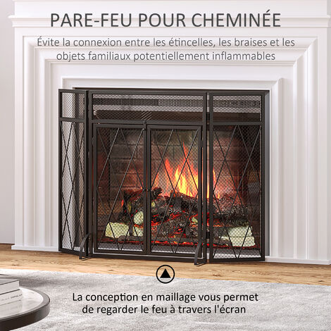 Pare-feu large pour cheminée ou poêle - pare-étincelles - 3 volets pliables et portes - métal noir