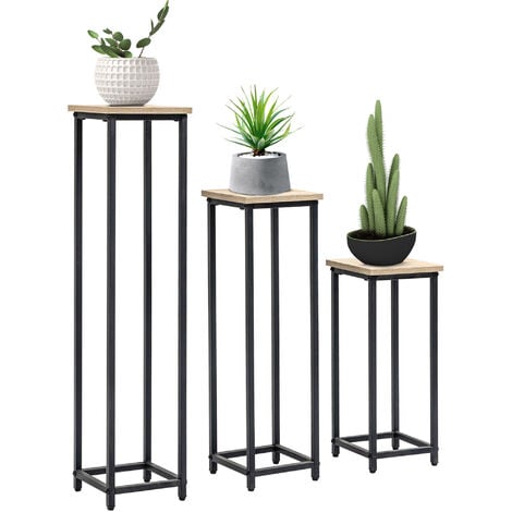 Support pots de fleurs 3 pièces acier noir plateaux aspect bois