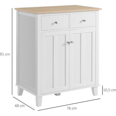 Buffet multi-rangement 2 portes avec étagère 2 tiroirs coulissants panneaux particules blanc aspect bois clair