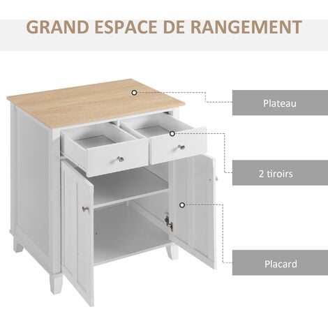 Buffet multi-rangement 2 portes avec étagère 2 tiroirs coulissants panneaux particules blanc aspect bois clair