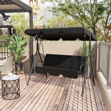 Balancelle de jardin 3 places toit inclinaison réglable coussins assise et dossier 1,72L x 1,1l x 1,52H m acier noir polyester noire