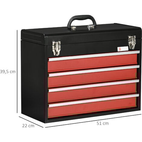 Boite à outils métallique coffret à outils caisse à outils 4 tiroirs + plateau tôle acier rouge noir