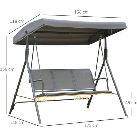 Balancelle de jardin 3 places grand confort toit inclinaison réglable assise et dossier ergonomique acier textilène gris