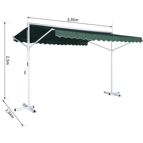 Store double pente manuel rétractable inclinaison réglable métal époxy blanc polyester imperméabilisé anti-UV vert dim. 3,95L x 2,98l x 2,55H m