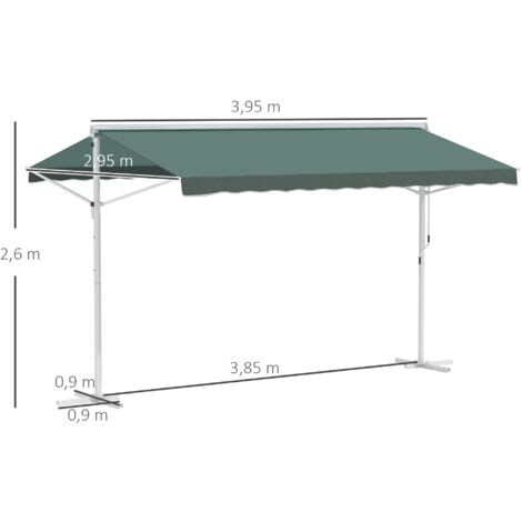 Store double pente manuel rétractable inclinaison réglable métal époxy blanc polyester imperméabilisé anti-UV vert dim. 3,95L x 2,98l x 2,55H m