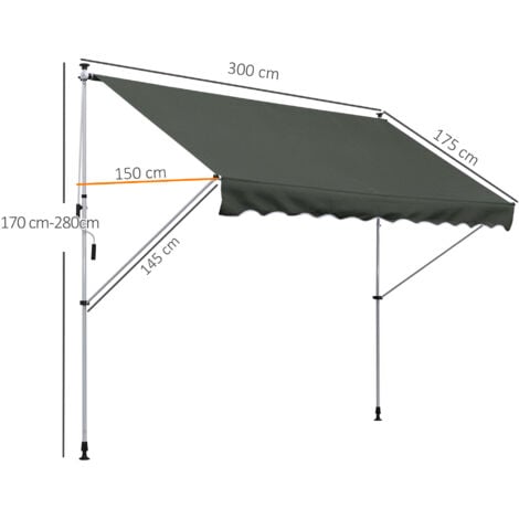 Store banne manuel rétractable 3L x 1,5l m inclinaison et hauteur réglable installation rapide métal alu polyester anti-UV gris