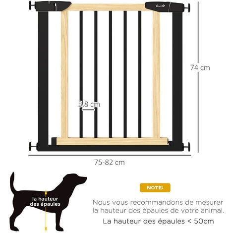 Barrière de sécurité animaux - longueur réglable dim. 75-82 cm - porte  verrouillable, ouverture double sens - sans