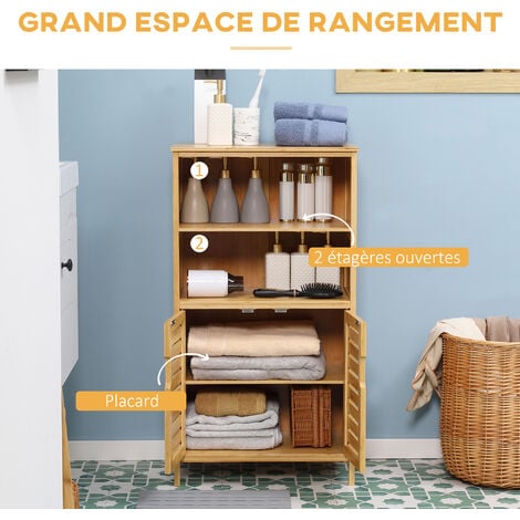 Meuble rangement bas salle de bain bambou style naturel 2 portes avec étagère 2 niches bambou