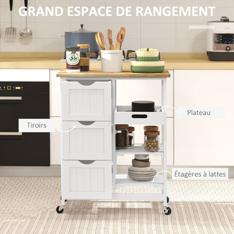 Îlot central de cuisine multi-rangement panneau blanc bois hévéa verni