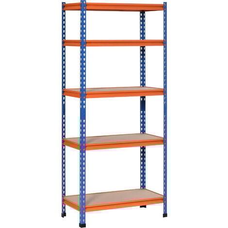 Rayonnage charges lourdes ou volumineuses - étagère garage - 5 tablettes réglables en hauteur - métal bleu orange MDF