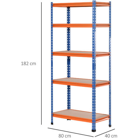 Rayonnage charges lourdes ou volumineuses - étagère garage - 5 tablettes réglables en hauteur - métal bleu orange MDF
