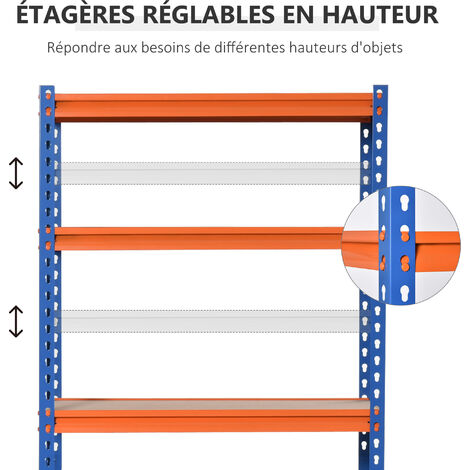 Rayonnage charges lourdes ou volumineuses - étagère garage - 5 tablettes réglables en hauteur - métal bleu orange MDF