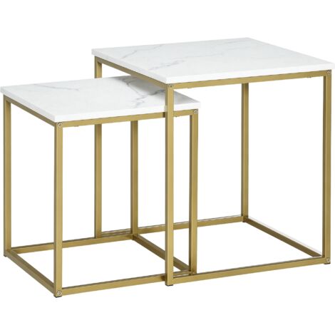 Homcom – Lot de 2 tables basses gigognes carrées – Acier doré – Panneaux aspect marbre blanc – Dimensions 45x45x50cm et 37x37x43cm (1/5)