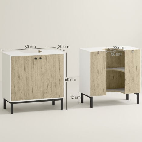 Meuble salle de bain - meuble sous-vasque - 2 portes, étagère réglable - piètement acier noir panneaux aspect chêne clair blanc