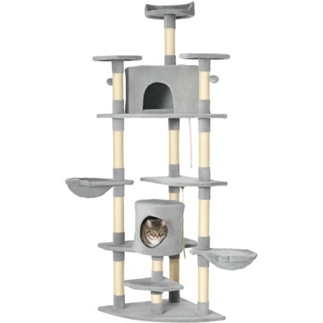 Pawhut – Arbre à chat 60x60x200cm – 6 plateformes, griffoirs sisal, peluche haute densité – Pour plusieurs chats – Gris foncé (1/5)