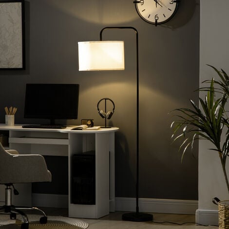 Lampadaire design néo-rétro max. 40 W 163H cm abat-jour circulaire aspect lin blanc piètement structure acier noir