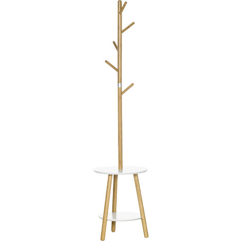 Homcom – Porte-manteau scandinave 5 patères – 2 étagères MDF blanc – Bois bambou verni – Charge max. 25 kg – Dimensions 39,5L x 39,5l x 171H cm