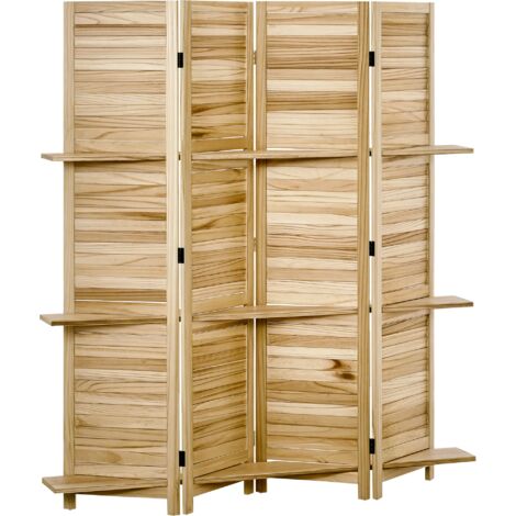 Homcom – Paravent intérieur 4 panneaux en bois de paulownia – 3 étagères pliables – Portes persiennes – Aspect pin autoclave – Dimensions 162L x 170H cm