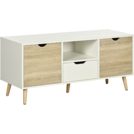 Homcom – Meuble TV scandinave 110 cm – 2 portes et tiroir – Bois de pin et panneaux blanc aspect chêne clair – Charge max 80 kg (1/5)