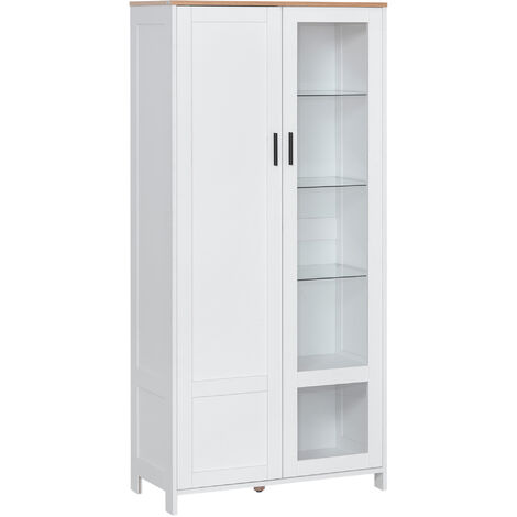 Homcom – Armoire de rangement vitrine 2 portes – 7 étagères en verre et panneaux de particules – Dimensions 76L x 36l x 160H cm – Blanc chêne clair